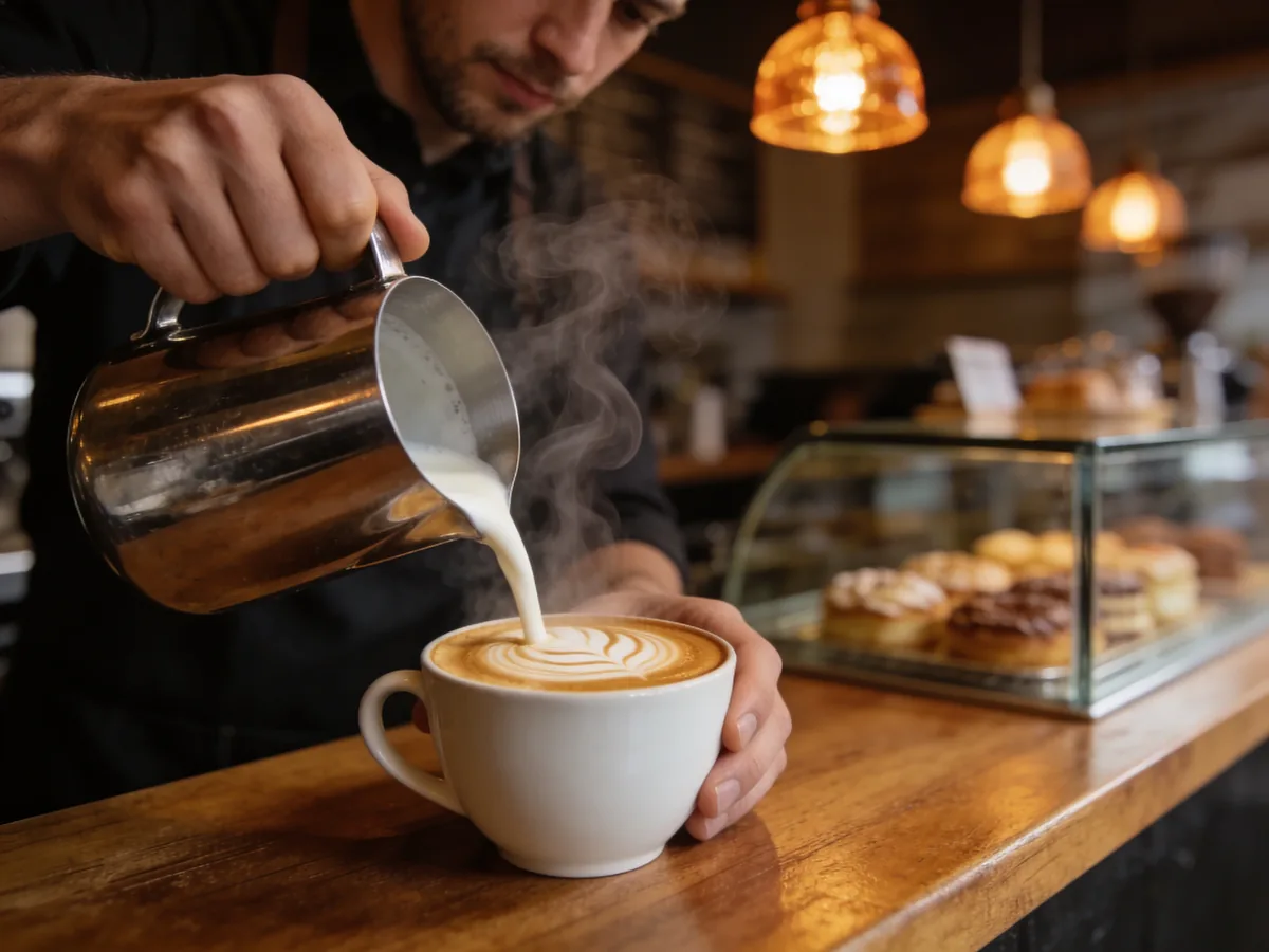 Barista pouring steamed milk to create latte art in a warm café
