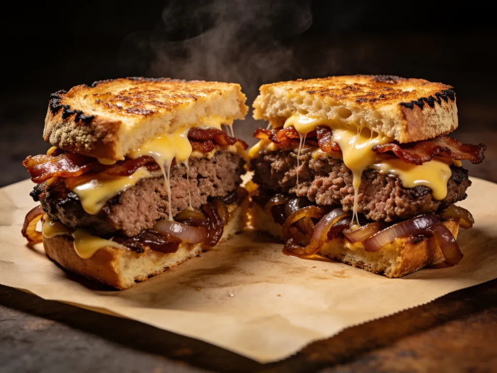 The Bacon Melt: smash patty on toasted sourdough with candied bacon, caramelized onions and melted Swiss-Gruyere blend