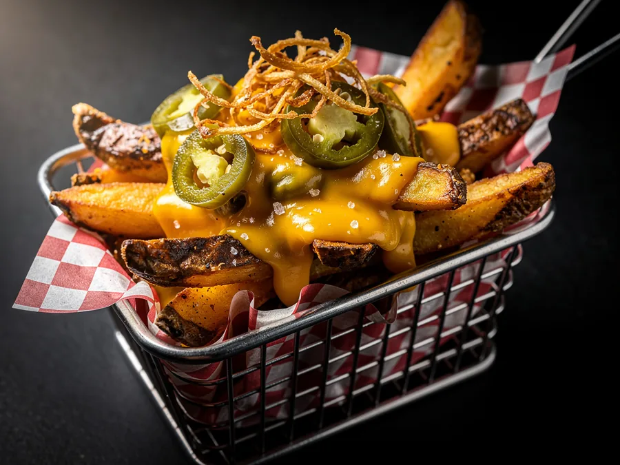 Basket of loaded fries: thick-cut steak fries covered in cheese sauce, jalapeños and crispy onion strings