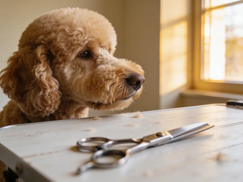 Golden-doodle in profile mid-groom, coat sculpted into soft rounded contours on a wooden grooming table