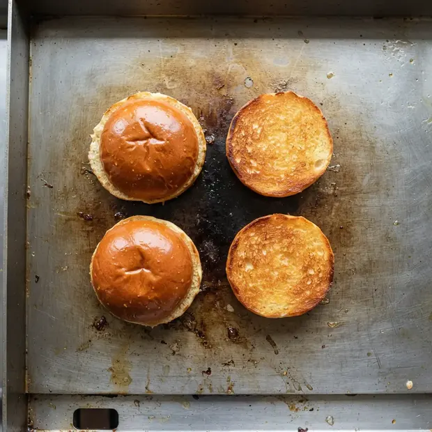 Concept imagery: split brioche buns toasting golden on the griddle, seen from above