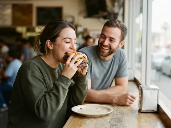 Concept imagery, AI-generated people: two coworkers sharing a burger at the counter, one mid-first-bite