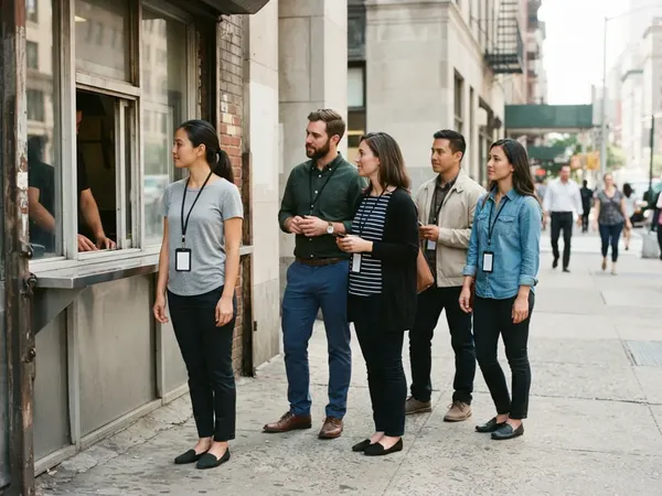 Concept imagery, AI-generated people: a lunch line of office workers waiting at the counter window