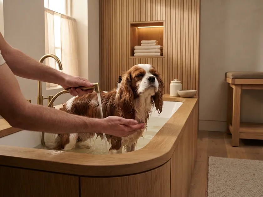 A cavalier spaniel standing in a deep oak-clad tub, warm water running down from its shoulder, one open hand supporting its chest.