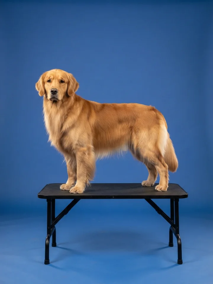 A golden retriever with a gleaming combed coat standing square on a black table against a royal-blue backdrop.